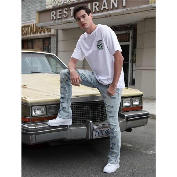 New w Tags Men's Ripped Bootcut Jeans Slim Fit Bell Bottom Ripped Flared Denim - Picture 6 of 6